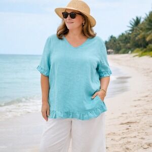 Vintage Match Point USA Linen Tunic Top Aqua Blue Ruffle Hem XL Coastal Chic